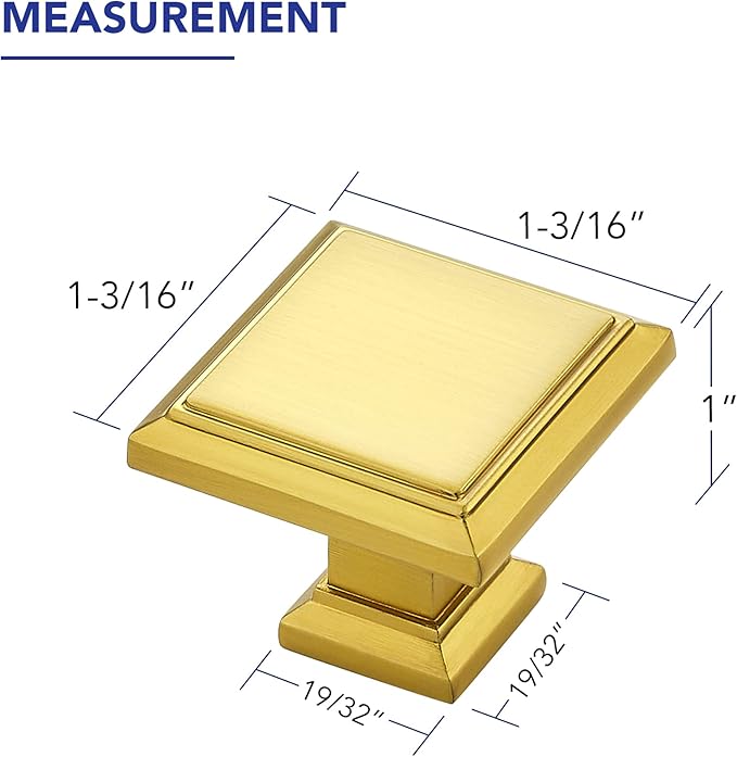 Ravinte Hardware 5 Pack Kitchen Cabinet Pulls Square Drawer Single Hole Handles Brushed Brass for Cupboard Gold Dresser Solid