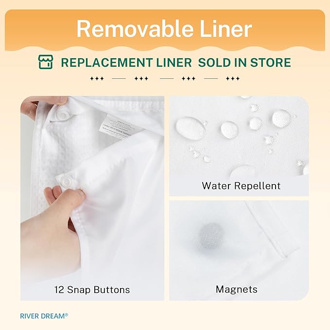 River Dream Heavyweight No Hooks Required Dotted Waffle Weave Shower Curtain with Snap in Liner - 71W x 80H,Hotel Grade,Spa Like Bath Curtain,White