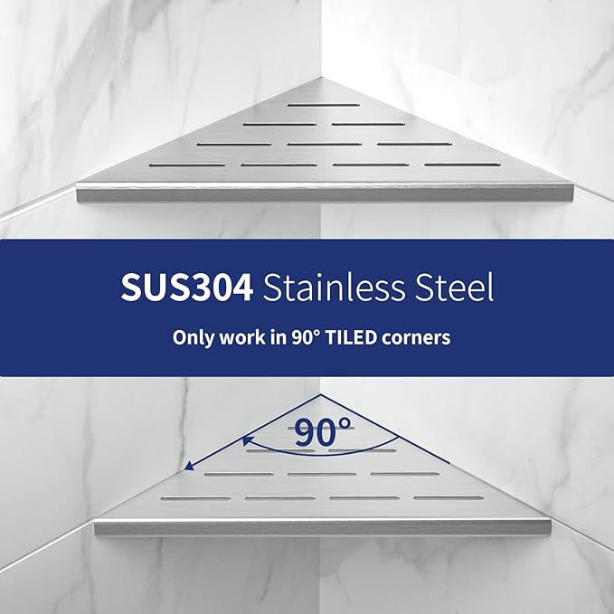 8'' Corner Shower Shelf 2PCS, 304 Stainless Steel Recessed Bathroom Shelves for Tiled Wall, Grout in Shelf, No Drilling Needed (8'', Silver)