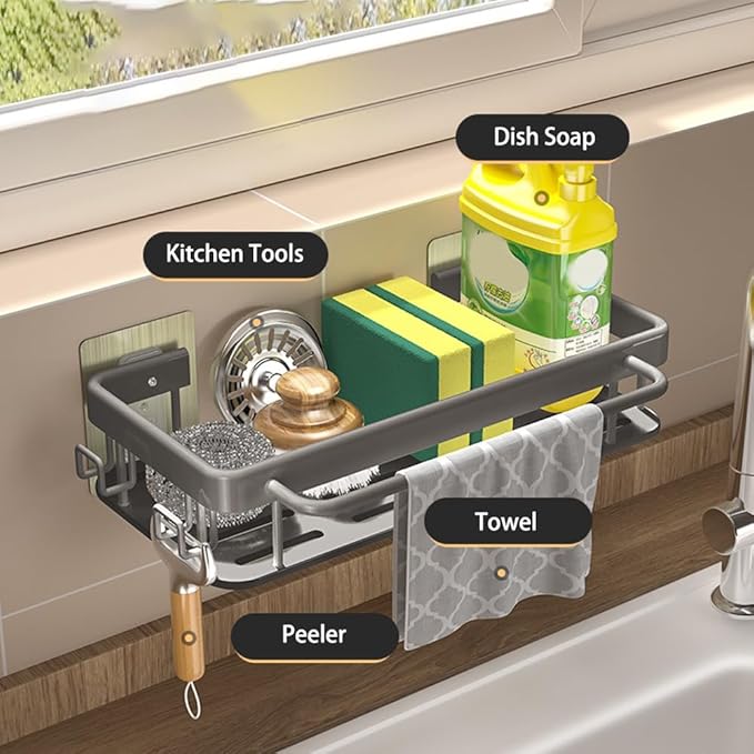 Sponge Holder Kitchen Sink Caddy Organizer Wall Mount Sponge Holder with Drainer Shampoo Soap Storage Shelf Toilet Balcony Bathroom Dishwashers Wire Rags Sponge Sink Drain (Black)