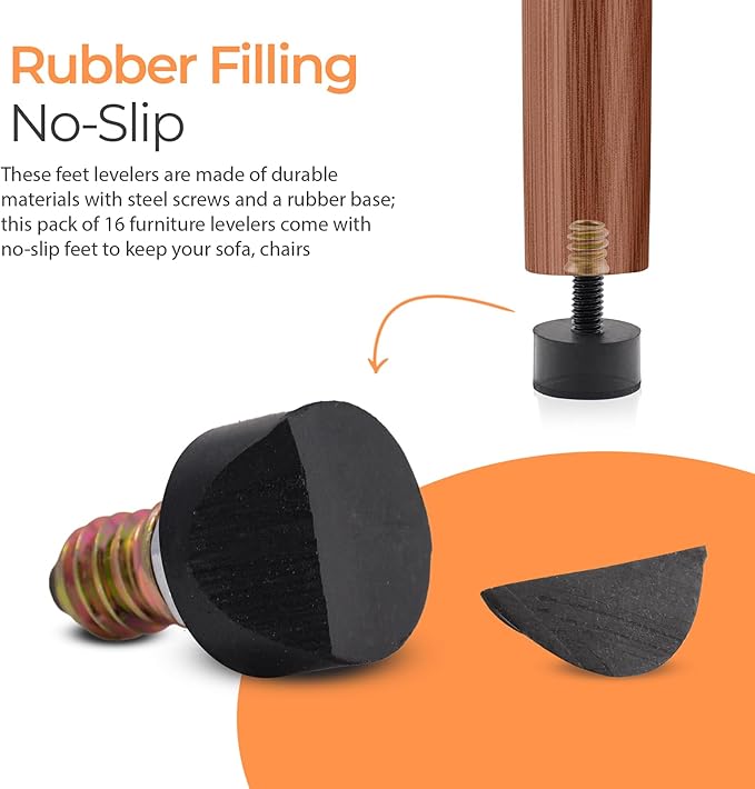 5/16 Rubber Adjustable Furniture Leveler，16 Pack Leveling Feet Screws in Threaded, Feet Levelers Screw On Furniture Glide Leveling for Table, Chair, Furniture Legs