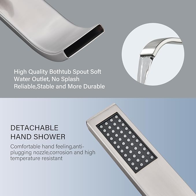 Freestanding Bathtub Faucet Brushed Nickel Tub Filler Floor Mount Single Handle Brass Tap with Handheld Shower and Swivel Mixer Spout