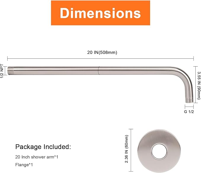 HarJue Shower Arm with Flange and Teflon Tape, Wall Mounted Shower Pipe 304 Stainless Steel Extension Arm for Fixed Shower Head & Handheld (20 Inch, Brushed Nickel)