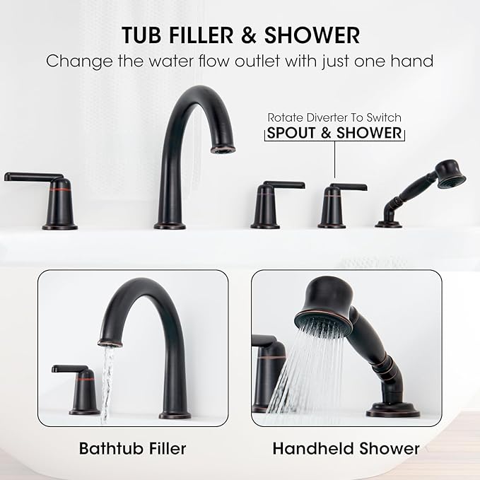 Roman Tub Faucet Set with Hand Shower, KRUZOO Bathtub Faucet Set Trim Kit with Rough-in Valve, Deck Mount Widespread 5 Hole Brass Tub Filler, KZ-9609ORB, Oil Rubbed Bronze
