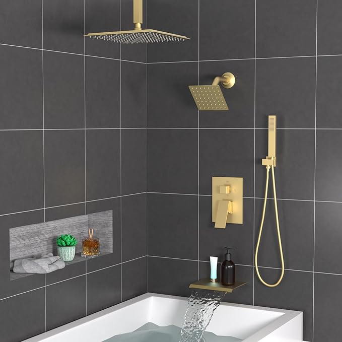 ENGA Dual Shower Head System with Tub Spout, Ceiling Mount 12 Inch Shower Head with 6 Inch Wall Mount Shower Head Shower Faucet Set, Brushed Gold