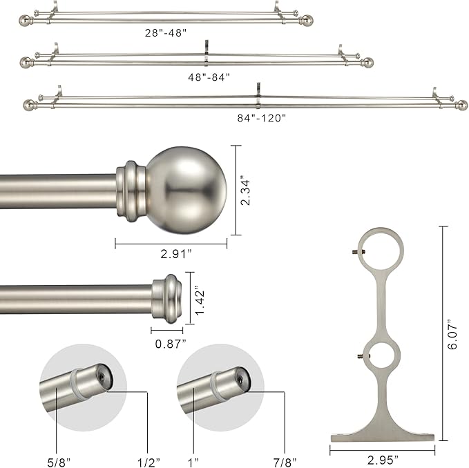 Double Curtain Rod 48 to 84 inch, Adjustable 1 inch Double Drapery Rod Rods for Windows and Doors with Ball Round Finials and Premium Aluminum Brackets Set(48-84",Brushed Nickel)