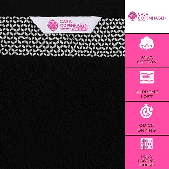 CASA COPENHAGEN Solitaire Designed in Denmark 600 GSM Hotel & Spa Decorative Kitchen & Bathroom Egyptian Cotton 6 Piece Towel Set, Includes 2 Bath Towels 2 Hand Towels 2 Washcloths – Dark Black