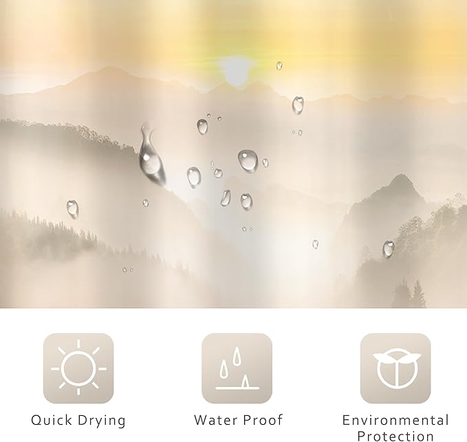 Riyidecor Misty Mountain Shower Curtain 72Wx72H Inch Brown Sunrise Nature Scenery Foggy Pine Tree Woodland Modern Natural Landscape Men Cool Bathroom Decor Fabric Polyester Waterproof 12 Pack Hooks