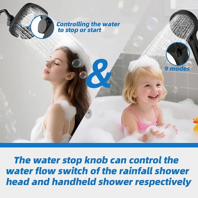 Black Shower Head with Handheld Spray Combo 2 in 1 Rainfall High Pressure with 59" Rotatable Stainless Steel Hose 9 Spray Modes Detachable