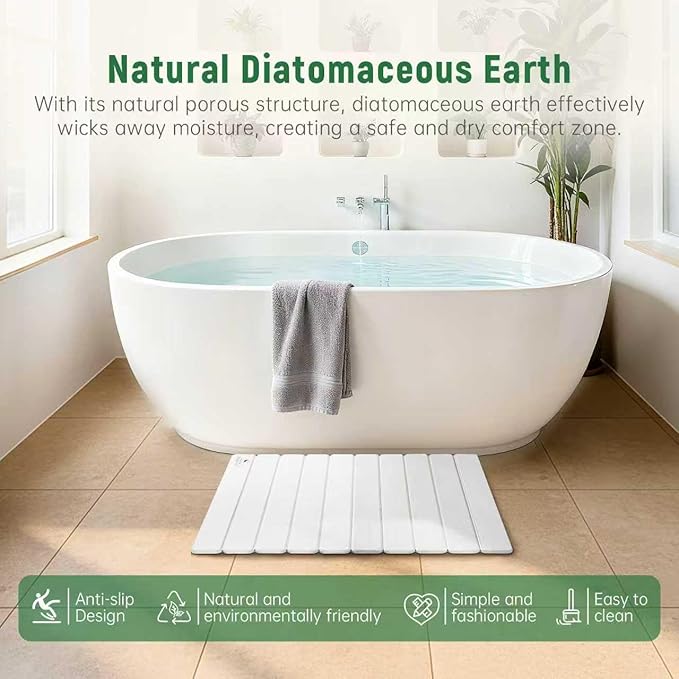 Stone Bath Mat for Water Absorption, Foldable Diatomite Stone Mat, Non-Slip & Quick-Drying White Square Bath Mat with Modern Minimalist Style, Easy to Clean, for Bathroom/Kitchen/Hallway