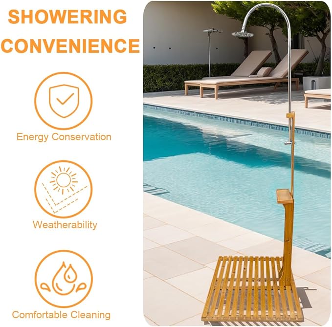 Outdoor Shower Kit Portable Wood Outdoor Garden Pool Shower with Chassis Board for Outdoor Backyard Poolside Beach Pool Spa,Wood
