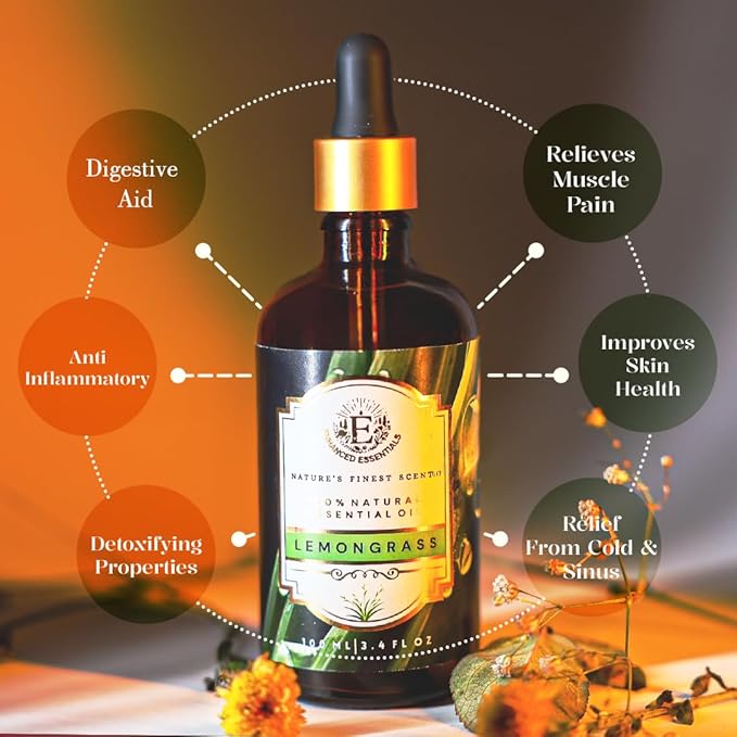 Luxurious LEMONGRASS Essential Oil by Enhanced Essentials|Slow Distilled, Highly Concentrated & Pure oils for Diffusers,Aromatherapy,Gifting,Soap & Candle making|Ideal for Business|3.38 fl oz (100 ml)