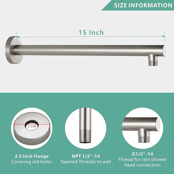 Voolan 15" Round Shower Arm with Flange and Teflon Tape, Extension Shower Head Arm for Bathroom Fixed Shower Head, Solid Stainless Steel, Wall Mounted (Brushed Nickel)