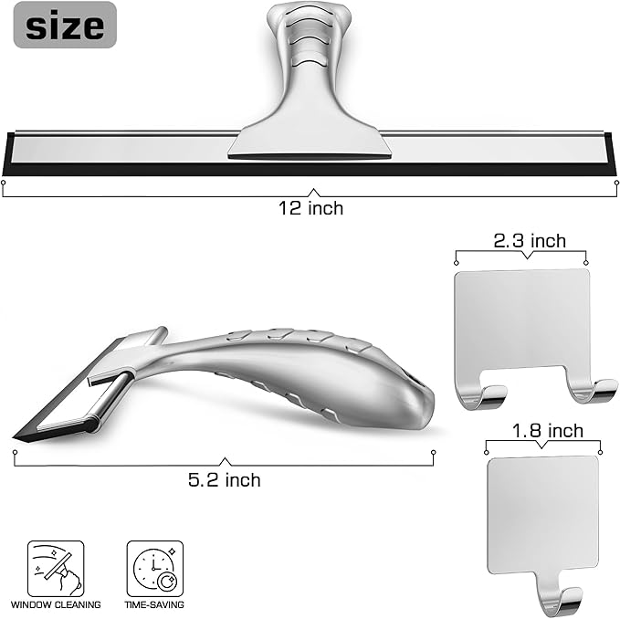 Stainless Steel Shower Squeegee for Glass Doors with 2 Adhesive Hooks, All-Purpose Squeegee for Bathroom Cleaner Tool Household Window Mirror Squeegee, Cleaning Tile Wall, Car, 12 Inch Silver