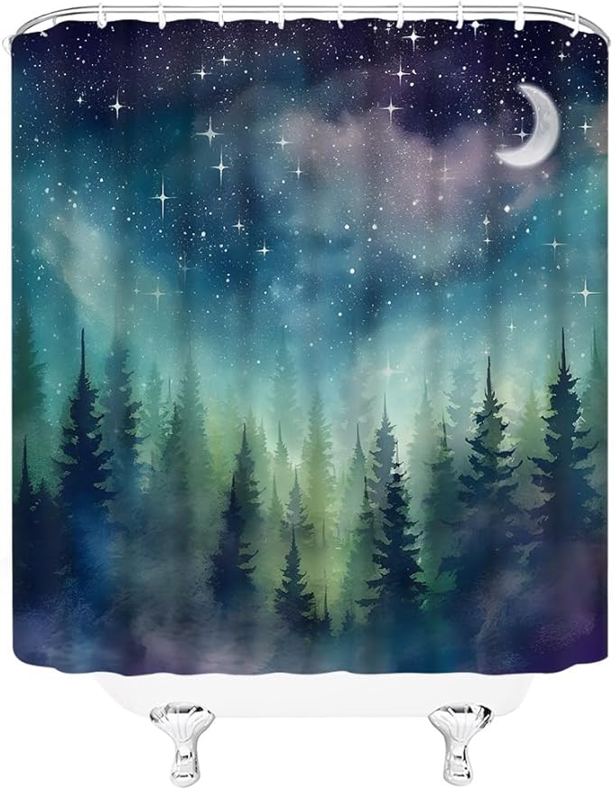 Forest Moon Shower Curtain Watercolor Misty Forest Fantasy Starry Sky Galaxy Nature Gothic Scenery Abstract Outdoor Bathroom Decor Curtains with Hooks, Purple 70" L x 59" W