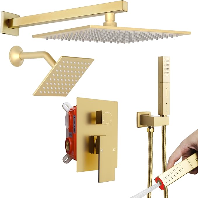 ENGA Shower Faucet Set, Dual Head Shower System 10" & 6" Square Rain Shower Heads with 2 in 1 Handheld Spray, 3 Way Water Diverter, Brushed Gold