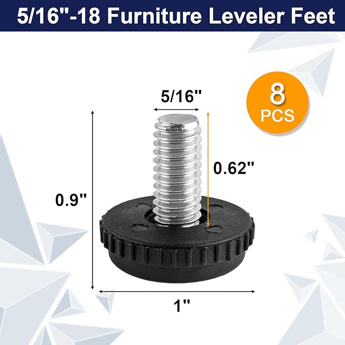5/16"-18 Thread Levelers, 8 PCS Adjustable Furniture Feet, Screw in Leveling Feet for Table, Cabinets, Chairs, Stool Legs