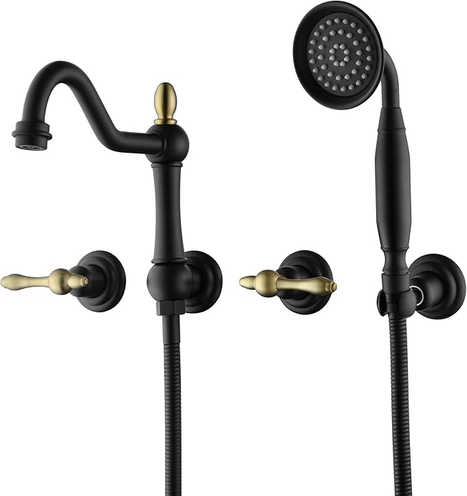 SUMERAIN High Flow Wall Mount Tub Filler, Vintage Bathtub Faucet with Sprayer and Rough-in Valve, Black and Gold Finish