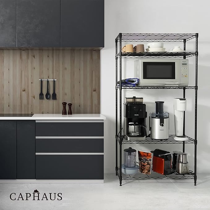 CAPHAUS 3/4/5-Tier Adjustable Height Wire Shelving Unit, Wire Rack Shelving, Metal Steel Storage Shelves, Garage Shelving Storage Organizer, Utility Storage Shelf, 5-Tier With Wheels, Black