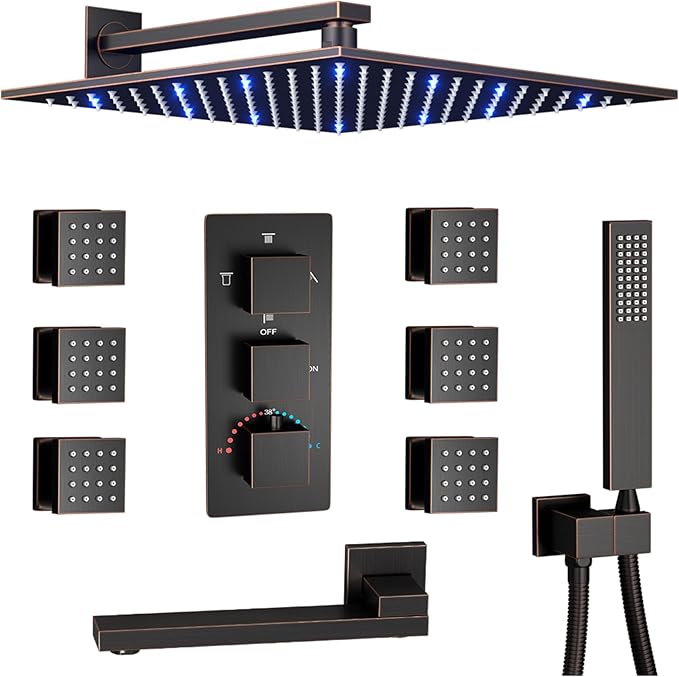 Thermostatic Shower System Oil Rubbed Bronze Tub Shower Faucet Set with Tub Spout and 12 Inch Wall Mounted LED Rainfall Full Body Shower Head, 6 PCS Body Jets, Handheld Shower