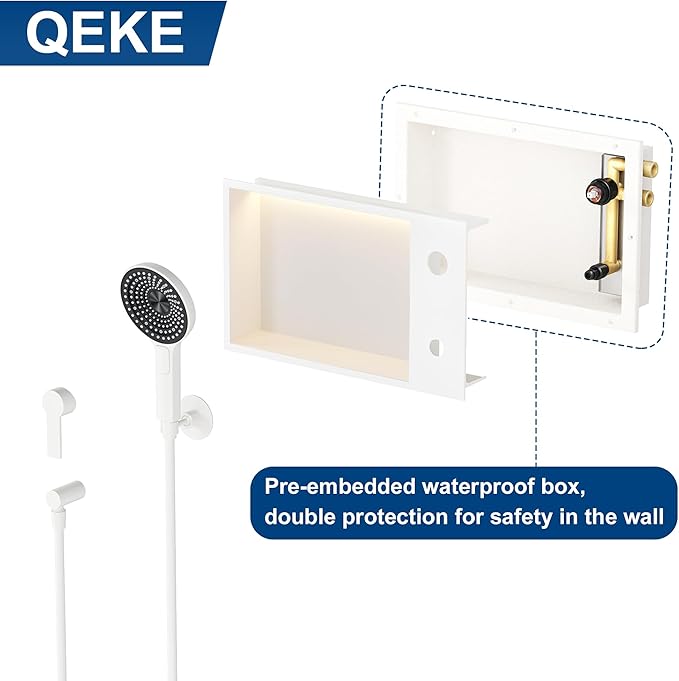 Shower Niche with Round Hand Shower,and LED Light in Matte White/Horizontal
