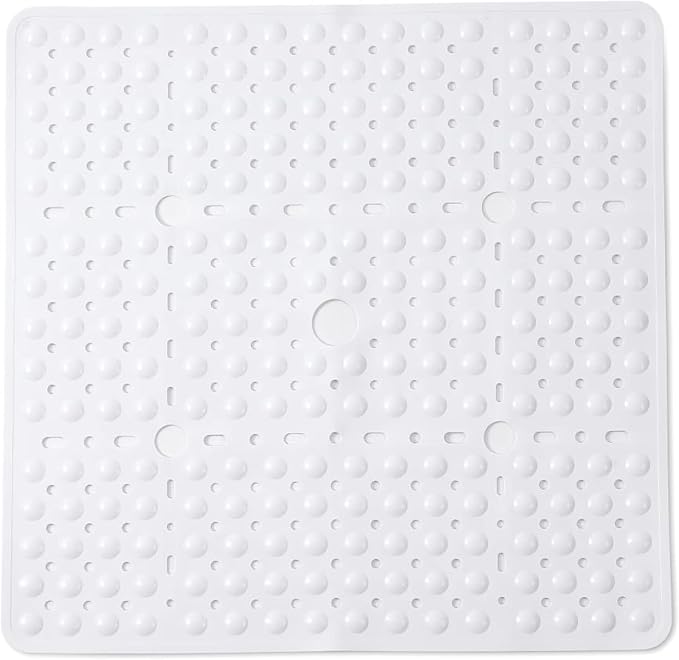 ENKOSI Square Shower Mat 27x27 inch - Large Anti Slip Bathroom Shower Stall Mats for Smooth Shower Floors - Square Bath Mat with Strong Secure Suction Cups and Drain Holes in Middle (White 27x27)