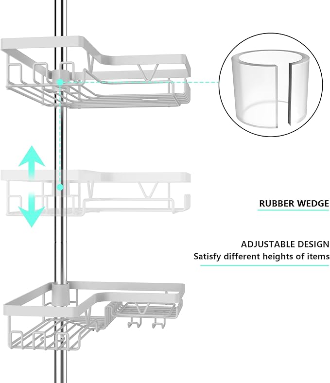 KEGII Corner Shower Caddy Tension Pole - 4-Tier Rustproof Bathroom Organizer, Floor to Ceiling Shower Caddy 25-114.2 inch, No Drilling Shower Storage Rack for Shampoo, Towels (Matte White)