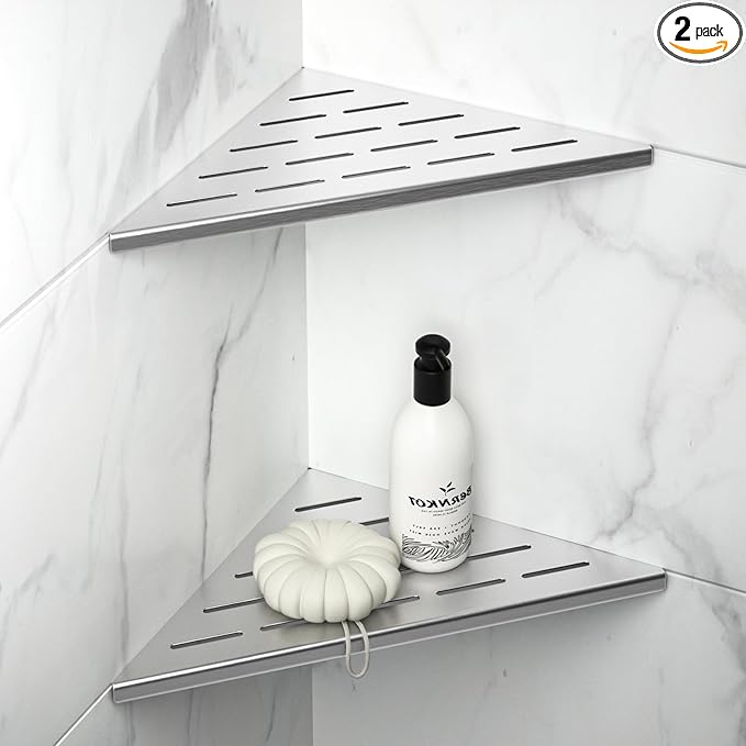 10'' Corner Shower Shelf 2PCS, 304 Stainless Steel Grout in Shelves for Tiled Wall, Recessed Bathroom Shelves, No Drilling Needed (10'', Silver)