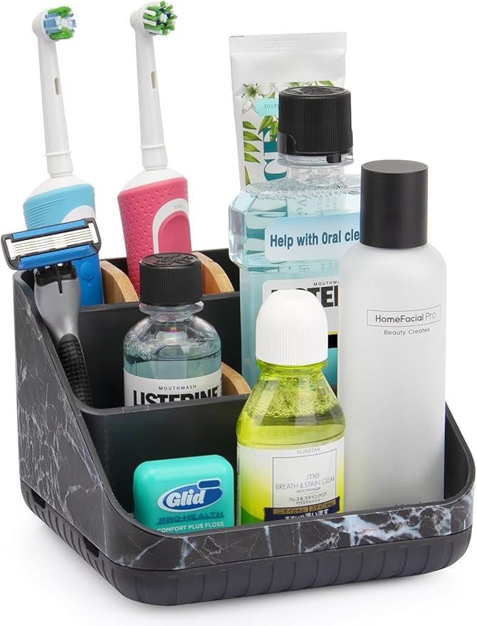 Chintu Toothbrush Holders for Bathroom Counter Organizer - 6 Slots Tooth Brushing Holder for Family Kids, Electric Toothbrush and Toothpaste Holder for Vanity Countertop Storage Black Marble