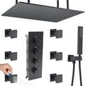 Matte Black Shower System 16 Inches Ceiling Mount Full Body Shower Faucet Set Brass Thermostatic Massage Shower with On/Off Body Jets and Handheld Can Run All At Once