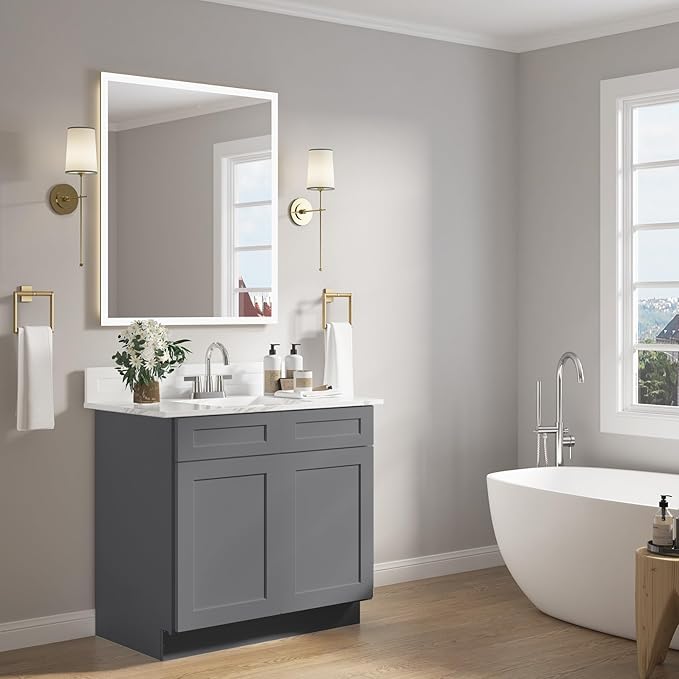 ROOMTEC Bathroom Cabinet, 30'' Free Standing Single Bathroom Vanity with 2 False Drawers and 2 Doors,Morden Bathroom Sink Vanity Storage Cabinet, Shaker Gray