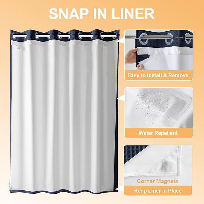 River Dream Hotel Grade No Hooks Needed Shower Curtain with Snap in Liner,Water Repellent, Machine Washable (Navy Blue, 71"x86"(W/Liner))