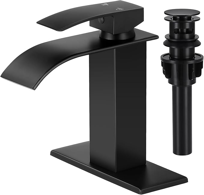 Bathroom Faucets Matte Black Waterfall Bathroom Sink Faucet Modern Single Handle Bathroom Faucet for 1 or 3 Hole Mxier Tap Washbasin Faucet with Deck, Pop-up Drain and Supply Hoses