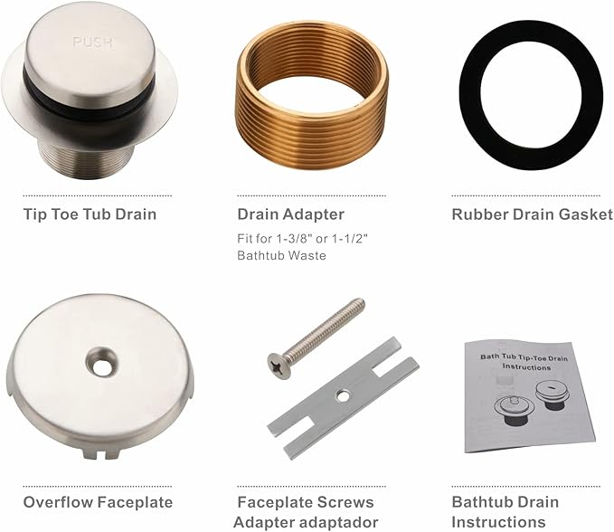 Tub Drain Tip Toe Bathtub Drain Conversion Kit Assembly, Replacement Bath Drain Trim Kit with Single Hole Overflow Faceplate and Fine/Coarse Thread, Brushed Nickel