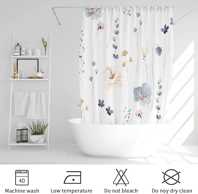 Gibelle Extra Long Shower Curtain 72 x 84, Watercolor Floral Fabric Shower Curtain, Blue Beige Flower Decorative Bathroom Shower Curtain Set