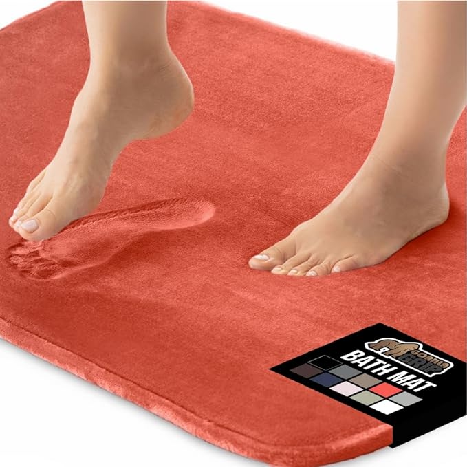 GORILLA GRIP Memory Foam Bath Mat, Soft Absorbent Velvet Bathroom Mats, Durable Dots on Underside, Machine Washable Bathmat, Carpet Rug Room Decor for Shower Tub Floor RV, 30x20 Rugs, Coral