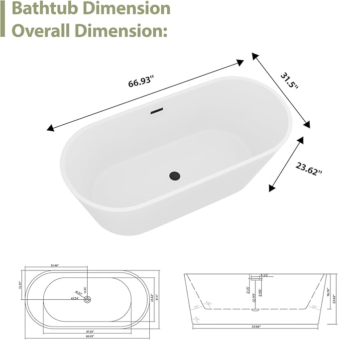 67" Acrylic Freestanding Bathtub - Mocloo Modern Elegant Soaking Stand Alone Bathroom Tub, Matte White, Overflow and Black Offset Drain