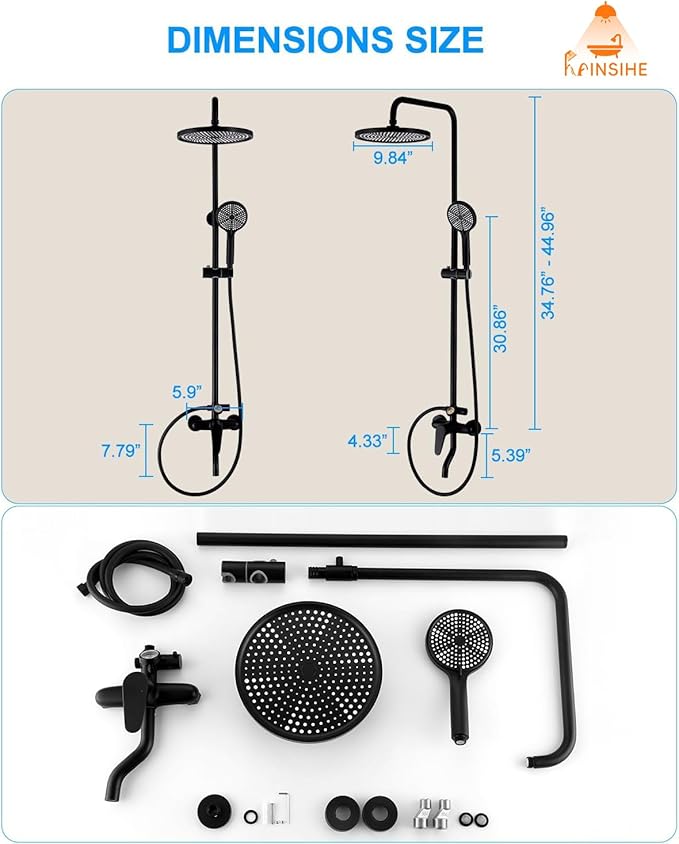 Outdoor Shower Fixture, Black Exposed Shower System with Tub Spout, Dial Thermometer Brass Valve, Wall Mount Outside Shower Faucet Combo with 10'' Rainfall Shower Head for Bath Backyard