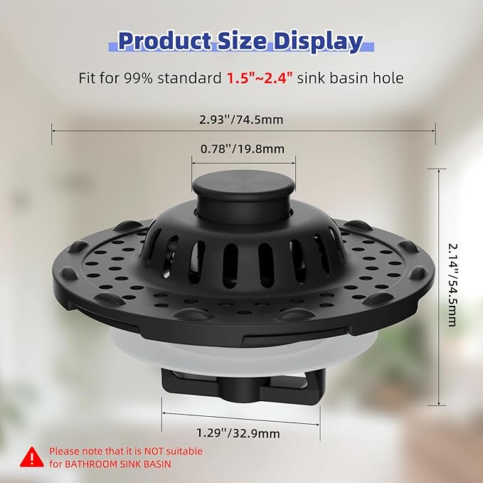 Metal 2 Pack Bathtub Drain Stopper with Top Hair Catcher, 3 in 1 Pop-up Bathtub Strainer, Tub Stopper with Detachable Stainless Steel Filter Basket for Standard 1.5 to 2.4'' Drain, Matte Black