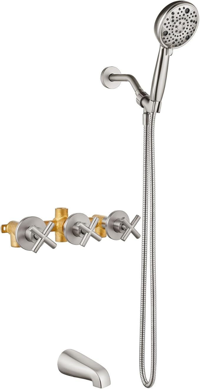 Aolemi 3 Handles Tub Shower Faucet Set with Valve Bathtub Combo Set Shower System Complete Trim Kit Wall Mounted Brushed Nickel
