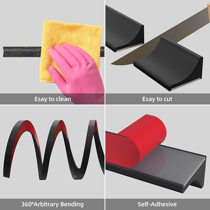 67Inch Collapsible Shower Threshold Water Dam Barrier, Self Adhesive Silicone Waterproof Shower Barrier Water Strip Dam for The Gap Between the Shower Kitchen Countertop Sink and Cooktop