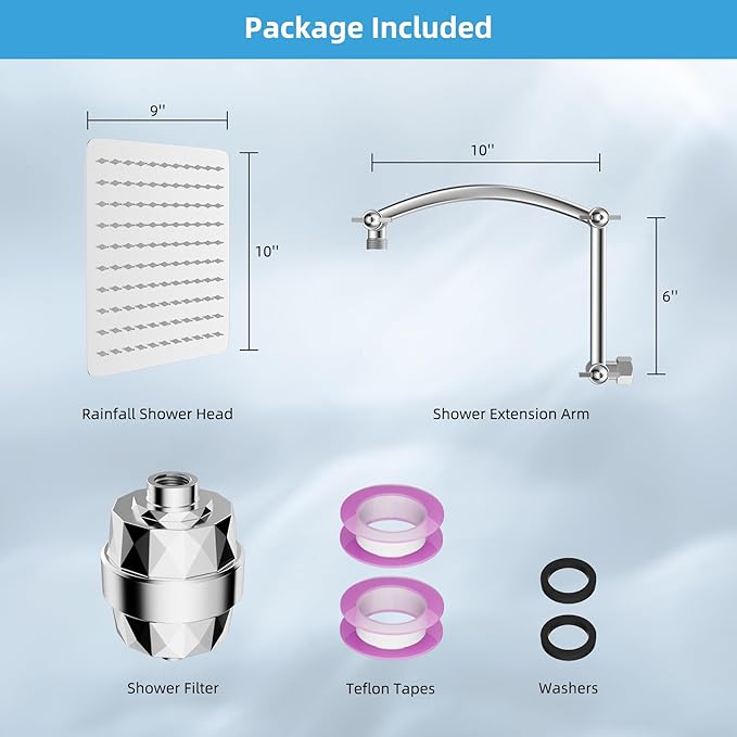 Hibbent All Metal Rain Filtered Shower Head, 10'' High Pressure Rainfall Showerhead with 16" Shower Head Extension Arm, 20 Stage Shower Filter, Solid Brass Adjustable Shower Arm Extender, Chrome