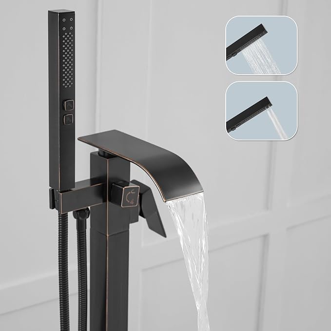 BESy Freestanding Tub Faucet Oil Rubbed Bronze Floor Mounted Tub Filler Faucet Brass Bathroom Tub Faucets with 2 Function Hand Shower
