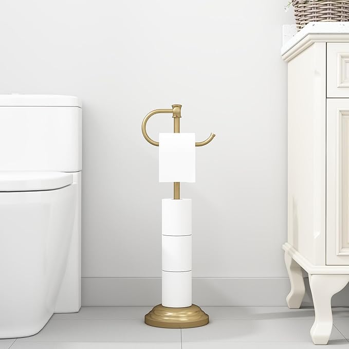Hoimpro 25" Toilet Paper Roll Tissue Holder Free Standing with Shelf Storage Stand for 4 Rolls, Freestanding Hardware Accessories Rack Brushed Gold