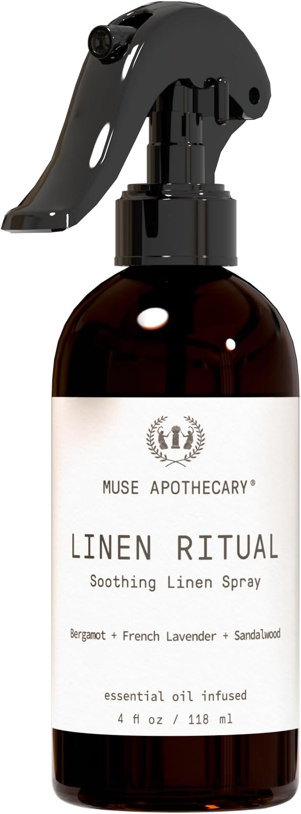 Muse Apothecary Linen Ritual - Aromatic, Soothing, and Relaxing Linen Mist, Laundry and Fabric Spray - Infused with Aromatherapy Essential Oils - 4 oz, Bergamot + French Lavender + Sandalwood,