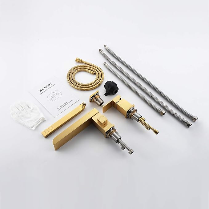 Waterfall Roman Tub Faucets Deck Mount Brushed Gold Bathtub Faucets Brass Tub Filler Bathroom Faucets with Hand Shower