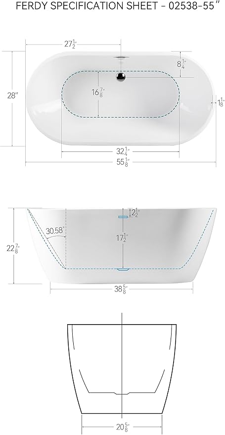 FerdY Nauru 55" Acrylic Freestanding Bathtub, Gracefully Shaped Freestanding Soaking Bathtub, Glossy White cUPC Certified, Toe-Tap Chrome Drain and Classic Slotted Overflow Included