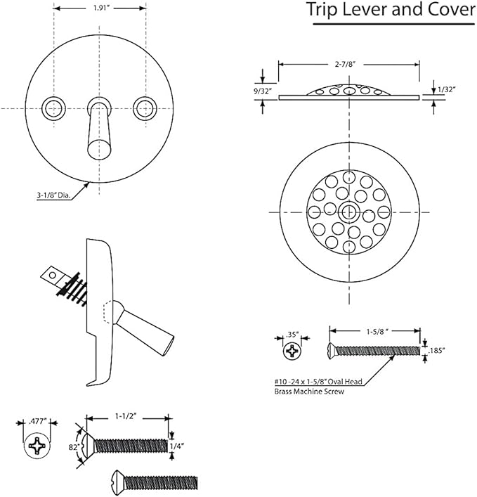 Trip Lever Bathtub Drain Kit with Strainer – 2-Hole Overflow Faceplate, Matching Screws – Tub Drain Trim Replacement Set for Bathroom Bathtubs