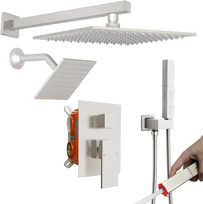 ENGA Shower Faucet Set, Dual Head Shower System 10" & 6" Square Rain Shower Heads with 2 in 1 Handheld Spray, 3 Way Water Diverter, Brushed Nickel