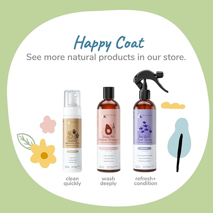 kin+kind Waterless Dry Shampoo for Dogs - Rinse-Free, Eliminate Itch and Odor, Natural Formula with Witch Hazel, Coconut Oil, Olive Oil and Grapefruit - Made in USA